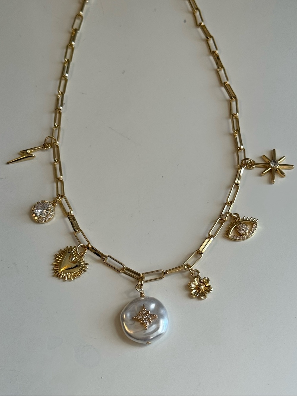 Gold Charm Necklace with Pearl Disc Pendant - Women Jewelry